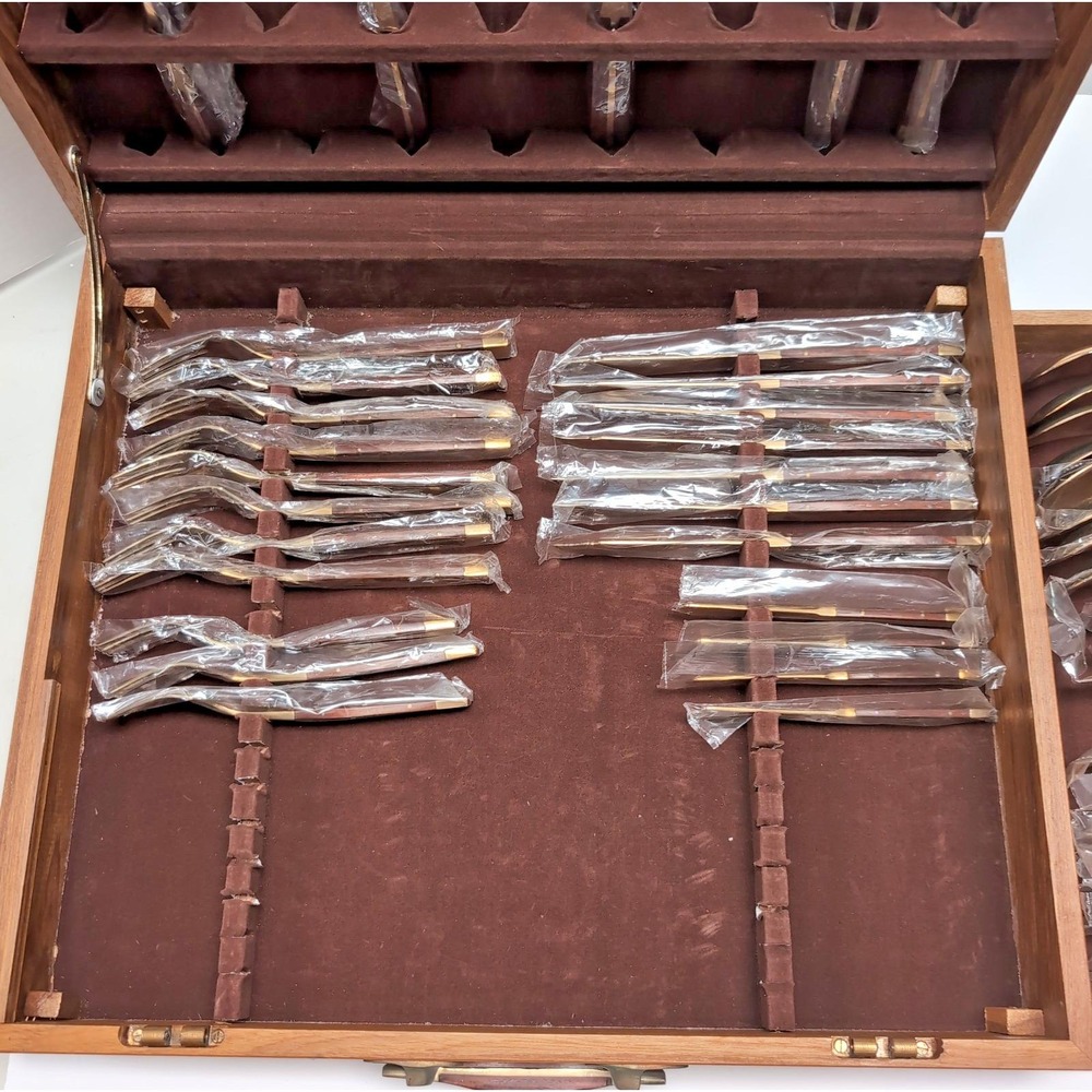 Vtg Jean Claude Brass Teak Flatware 64-Piece Incomplete Set 7 Serving Pcs & Box - Picture 9 of 16